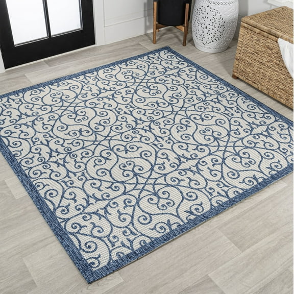 JONATHAN Y SANTA MONICA 5' Square Area Rug, Madrid Vintage Filigree Textured Weave - Blue/Cream, SMB107F-5SQ