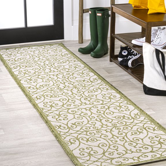 JONATHAN Y SANTA MONICA 2 x 10 Runner Rug, Madrid Vintage Filigree Textured Weave - Green/Cream, SMB107H-210
