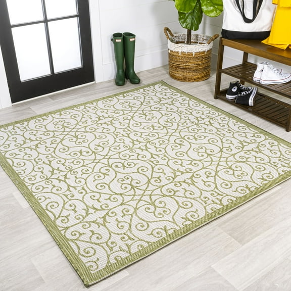 JONATHAN Y SANTA MONICA 5' Square Area Rug, Madrid Vintage Filigree Textured Weave - Green/Cream, SMB107H-5SQ
