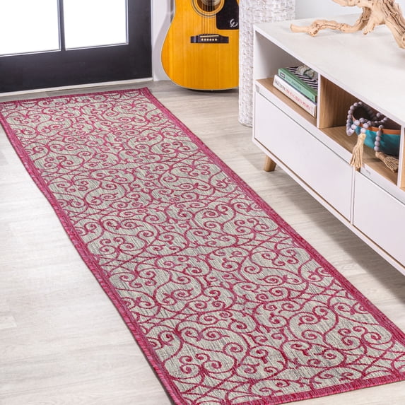 JONATHAN Y SANTA MONICA 2 x 8 Runner Rug, Madrid Vintage Filigree Textured Weave - Light Gray/Fuchsia, SMB107I-28