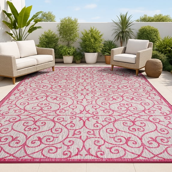 JONATHAN Y SANTA MONICA 8 x 10 Area Rug, Madrid Vintage Filigree Textured Weave - Light Gray/Fuchsia, SMB107I-8
