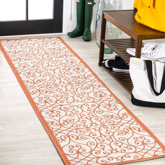 JONATHAN Y SANTA MONICA 2 x 10 Runner Rug, Madrid Vintage Filigree Textured Weave - Cream/Orange, SMB107L-210