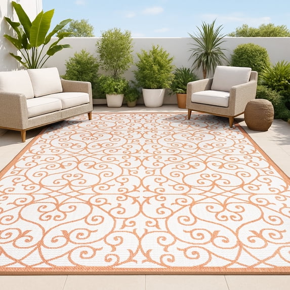JONATHAN Y SANTA MONICA 8 x 10 Area Rug, Madrid Vintage Filigree Textured Weave - Cream/Orange, SMB107L-8