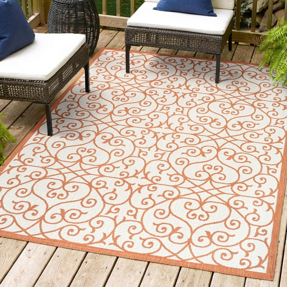 JONATHAN Y SANTA MONICA 8 x 10 Area Rug, Madrid Vintage Filigree Textured Weave - Cream/Orange, SMB107L-8
