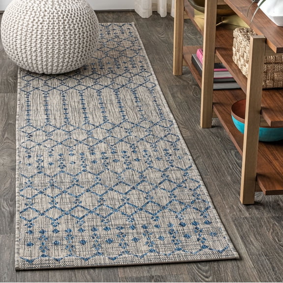 JONATHAN Y SANTA MONICA 2 x 14 Runner Rug, Ourika Moroccan Geometric Textured Weave - Light Gray/Navy, SMB108A-214