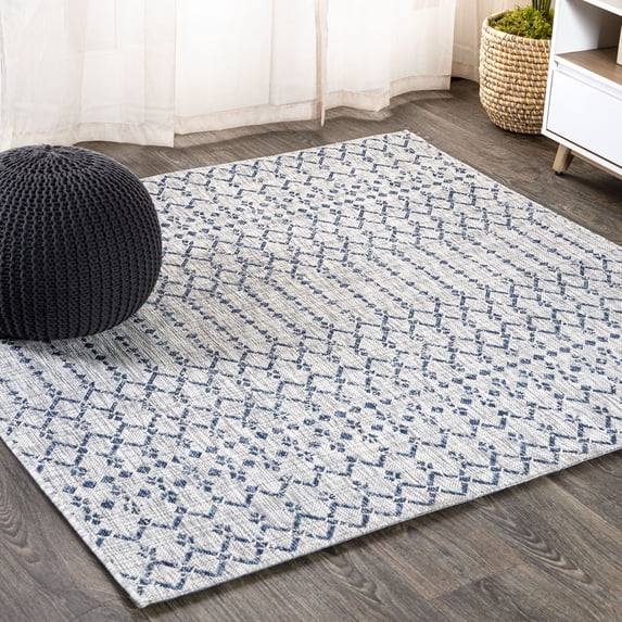 JONATHAN Y SANTA MONICA 4' Square Area Rug, Ourika Moroccan Geometric Textured Weave - Light Gray/Navy, SMB108A-4SQ