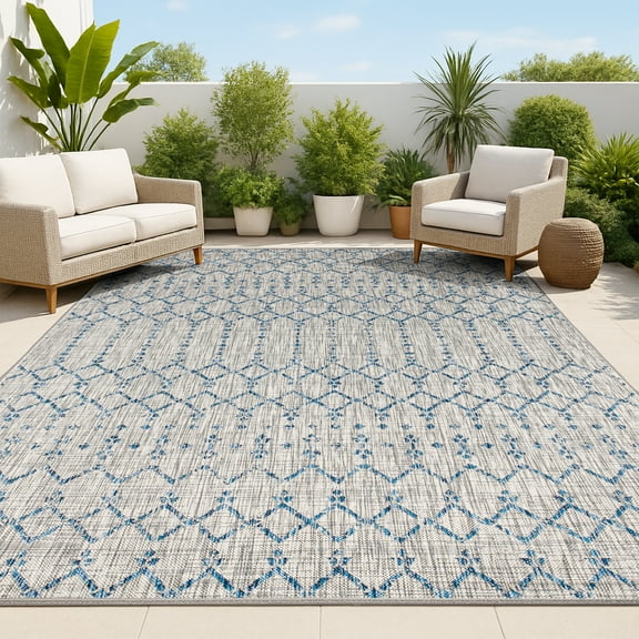 JONATHAN Y SANTA MONICA 9 x 12 Area Rug, Ourika Moroccan Geometric Textured Weave - Light Gray/Navy, SMB108A-9