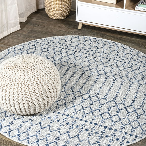 JONATHAN Y SANTA MONICA 9' Round Area Rug, Ourika Moroccan Geometric Textured Weave - Light Gray/Navy, SMB108A-9R