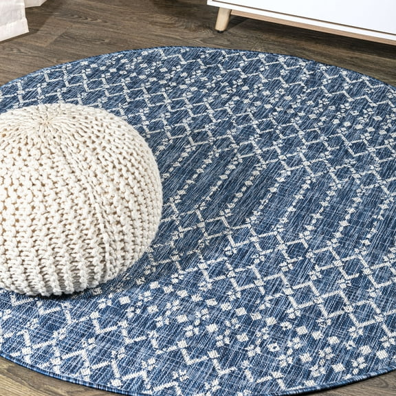 JONATHAN Y SANTA MONICA 5' Round Area Rug, Ourika Moroccan Geometric Textured Weave - Navy/Light Gray, SMB108B-5R