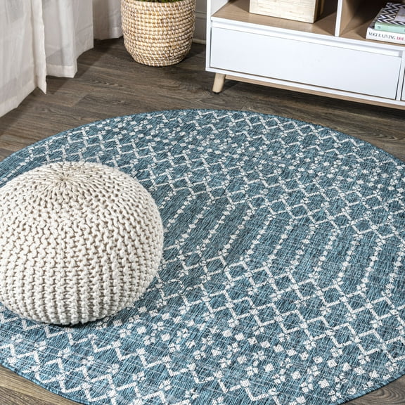 JONATHAN Y SANTA MONICA 5' Round Area Rug, Ourika Moroccan Geometric Textured Weave - Teal/Gray, SMB108C-5R