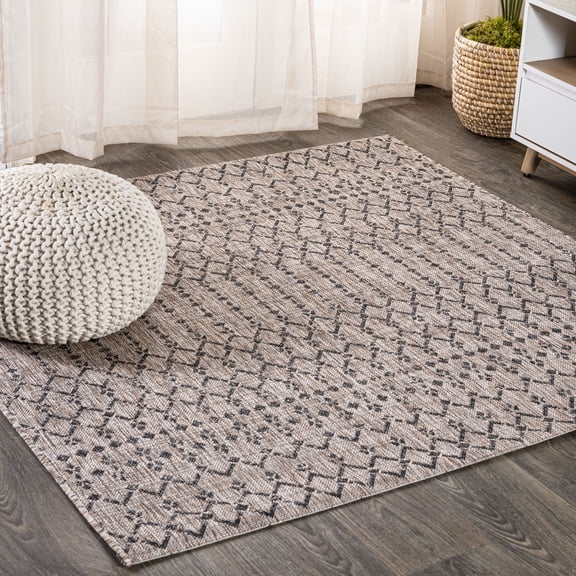 JONATHAN Y SANTA MONICA 4' Square Area Rug, Ourika Moroccan Geometric Textured Weave - Natural/Black, SMB108D-4SQ