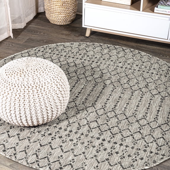 JONATHAN Y SANTA MONICA 3' Round Area Rug, Ourika Moroccan Geometric Textured Weave - Light Gray/Black, SMB108E-3R