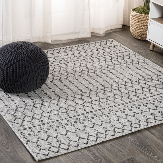 JONATHAN Y SANTA MONICA 3' Square Area Rug, Ourika Moroccan Geometric Textured Weave - Light Gray/Black, SMB108E-3SQ
