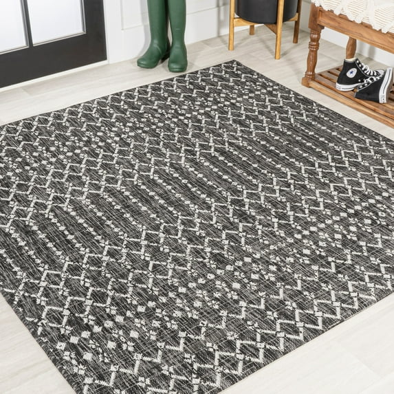 JONATHAN Y SANTA MONICA 4' Square Area Rug, Ourika Moroccan Geometric Textured Weave - Black/Gray, SMB108F-4SQ