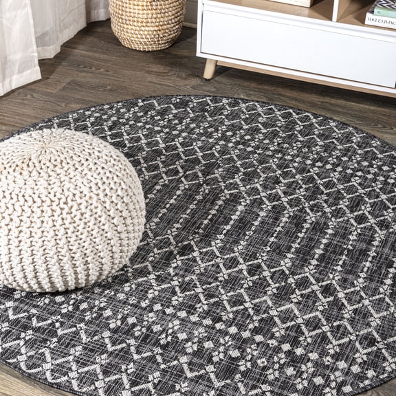 JONATHAN Y SANTA MONICA 5' Round Area Rug, Ourika Moroccan Geometric Textured Weave - Black/Gray, SMB108F-5R