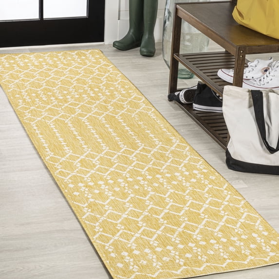 JONATHAN Y SANTA MONICA 2 x 10 Runner Rug, Ourika Moroccan Geometric Textured Weave - Yellow/Cream, SMB108G-210