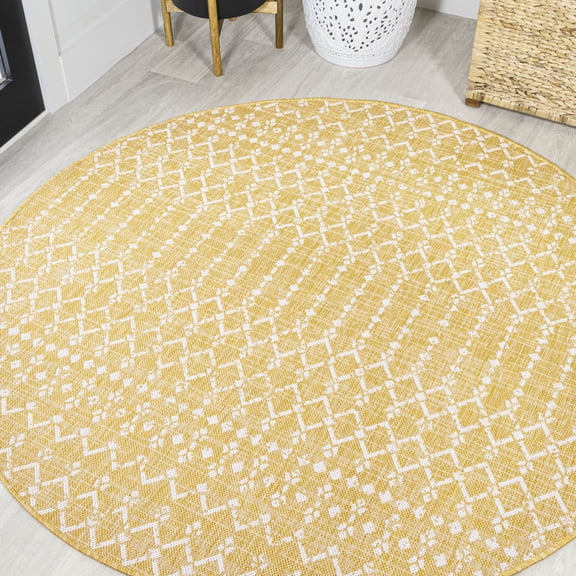 JONATHAN Y SANTA MONICA 5' Round Area Rug, Ourika Moroccan Geometric Textured Weave - Yellow/Cream, SMB108G-5R