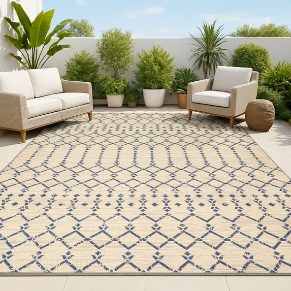 JONATHAN Y SANTA MONICA 10 x 14 Area Rug, Ourika Moroccan Geometric Textured Weave - Beige/Navy, SMB108H-14