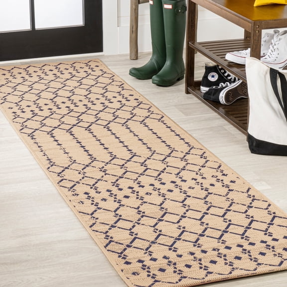 JONATHAN Y SANTA MONICA 2 x 8 Runner Rug, Ourika Moroccan Geometric Textured Weave - Beige/Navy, SMB108H-28