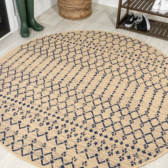JONATHAN Y SANTA MONICA 5' Round Area Rug, Ourika Moroccan Geometric Textured Weave - Beige/Navy, SMB108H-5R
