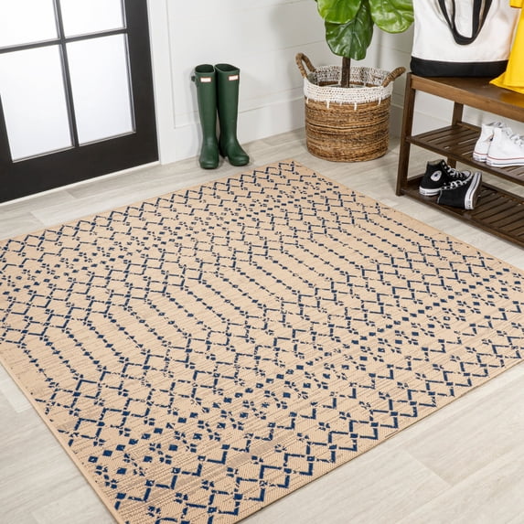 JONATHAN Y SANTA MONICA 5' Square Area Rug, Ourika Moroccan Geometric Textured Weave - Beige/Navy, SMB108H-5SQ