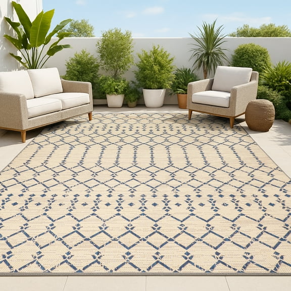 JONATHAN Y SANTA MONICA 8 x 10 Area Rug, Ourika Moroccan Geometric Textured Weave - Beige/Navy, SMB108H-8