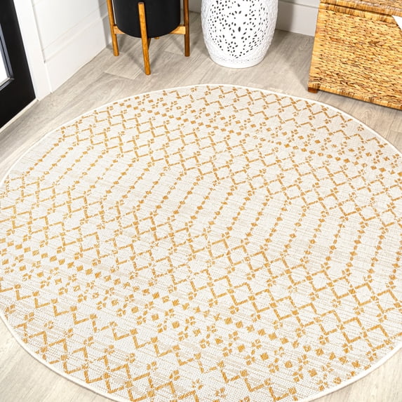 JONATHAN Y SANTA MONICA 5' Round Area Rug, Ourika Moroccan Geometric Textured Weave - Cream/Yellow, SMB108J-5R