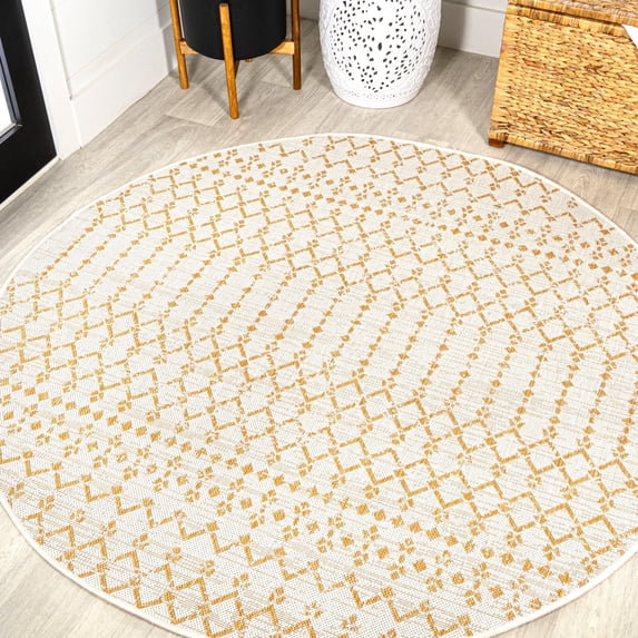 JONATHAN Y SANTA MONICA 5' Round Area Rug, Ourika Moroccan Geometric Textured Weave - Cream/Yellow, SMB108J-5R