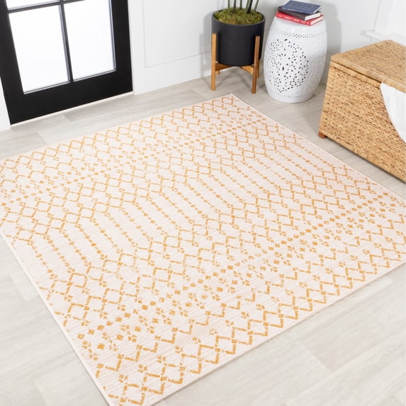 JONATHAN Y SANTA MONICA 5' Square Area Rug, Ourika Moroccan Geometric Textured Weave - Cream/Yellow, SMB108J-5SQ