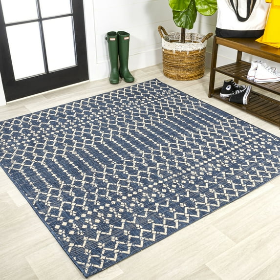 JONATHAN Y SANTA MONICA 6' Square Area Rug, Ourika Moroccan Geometric Textured Weave - Navy/Beige, SMB108K-6SQ