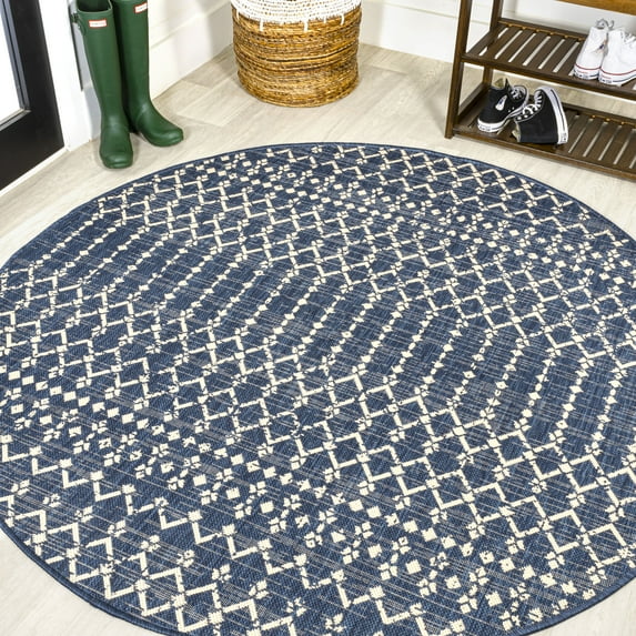 JONATHAN Y SANTA MONICA 8' Round Area Rug, Ourika Moroccan Geometric Textured Weave - Navy/Beige, SMB108K-8R