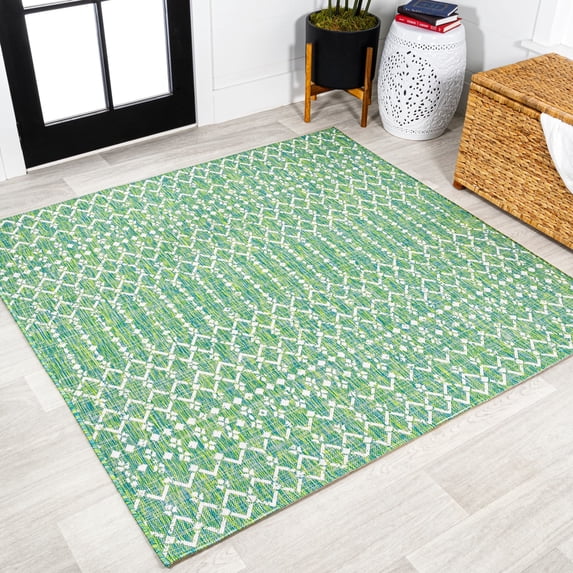 JONATHAN Y SANTA MONICA 5' Square Area Rug, Ourika Moroccan Geometric Textured Weave - Green/Cream, SMB108L-5SQ