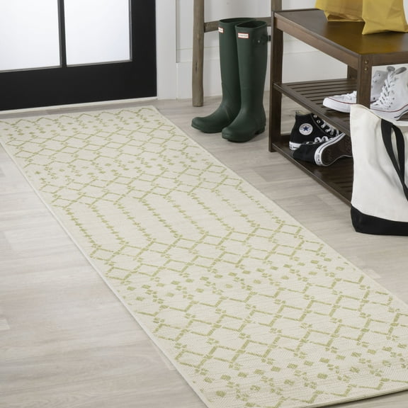 JONATHAN Y SANTA MONICA 2 x 10 Runner Rug, Ourika Moroccan Geometric Textured Weave - Cream/Green, SMB108M-210