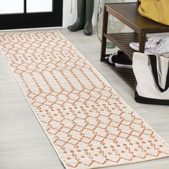 JONATHAN Y SANTA MONICA 2 x 10 Runner Rug, Ourika Moroccan Geometric Textured Weave - Cream/Orange, SMB108O-210