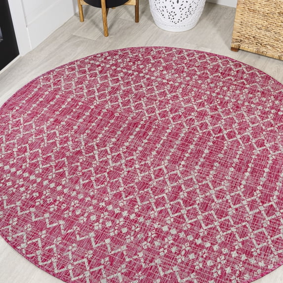 JONATHAN Y SANTA MONICA 5' Round Area Rug, Ourika Moroccan Geometric Textured Weave - Fuchsia/Light Gray, SMB108Q-5R