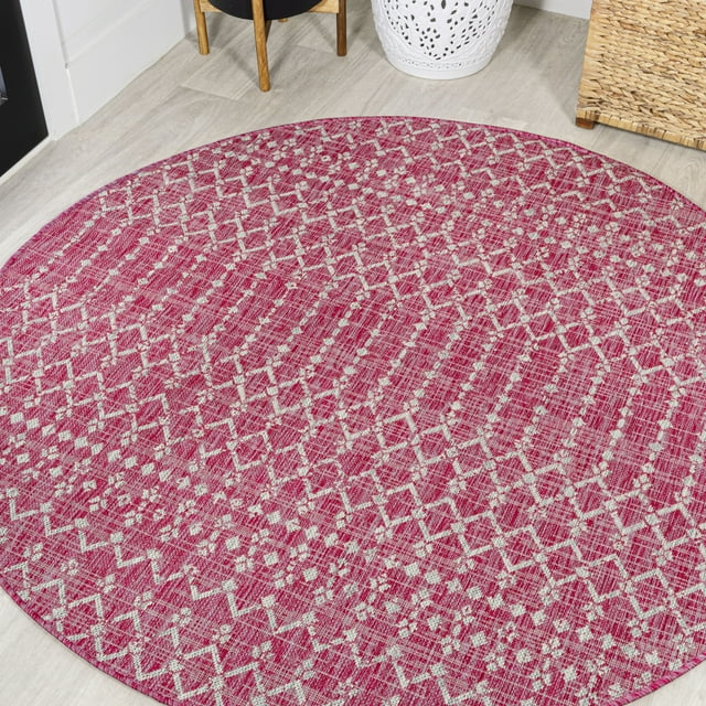 JONATHAN Y SMB108Q-5R Ourika Moroccan Geometric Textured Weave Fuchsia/Light Gray 5' Round Indoor/Outdoor Area Rug, Pet Friendly, Stain Resistant, Easy to Clean, for Patio, Living Room, Bedroom
