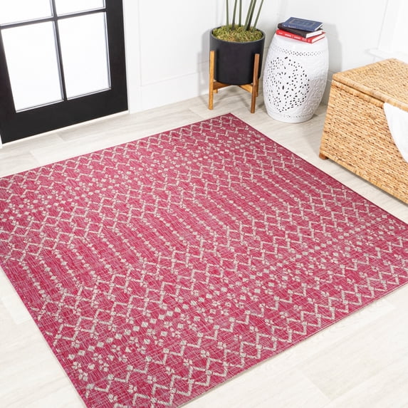 JONATHAN Y SANTA MONICA 5' Square Area Rug, Ourika Moroccan Geometric Textured Weave - Fuchsia/Light Gray, SMB108Q-5SQ