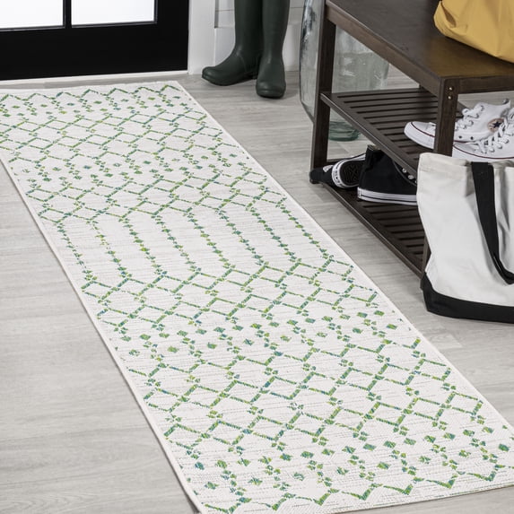 JONATHAN Y SANTA MONICA 2 x 10 Runner Rug, Ourika Moroccan Geometric Textured Weave - Green/Ivory, SMB108R-210