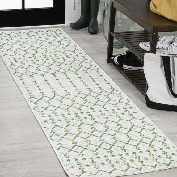 JONATHAN Y SANTA MONICA 2 x 10 Runner Rug, Ourika Moroccan Geometric Textured Weave - Green/Ivory, SMB108R-210