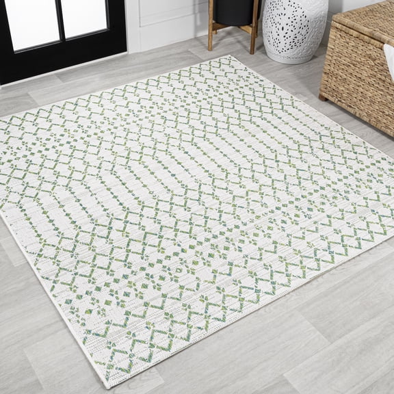 JONATHAN Y SANTA MONICA 5' Square Area Rug, Ourika Moroccan Geometric Textured Weave - Green/Ivory, SMB108R-5SQ