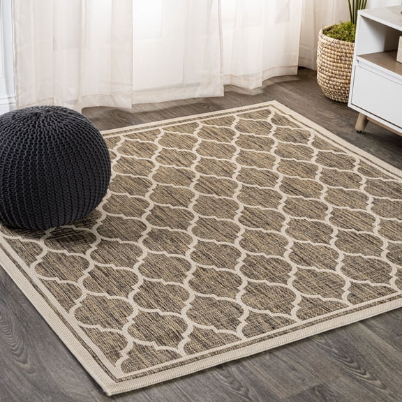 JONATHAN Y SANTA MONICA 4' Square Area Rug, Trebol Moroccan Trellis Textured Weave - Brown/Beige, SMB109A-4SQ