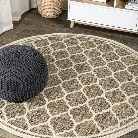 JONATHAN Y SANTA MONICA 8' Round Area Rug, Trebol Moroccan Trellis Textured Weave - Brown/Beige, SMB109A-8R