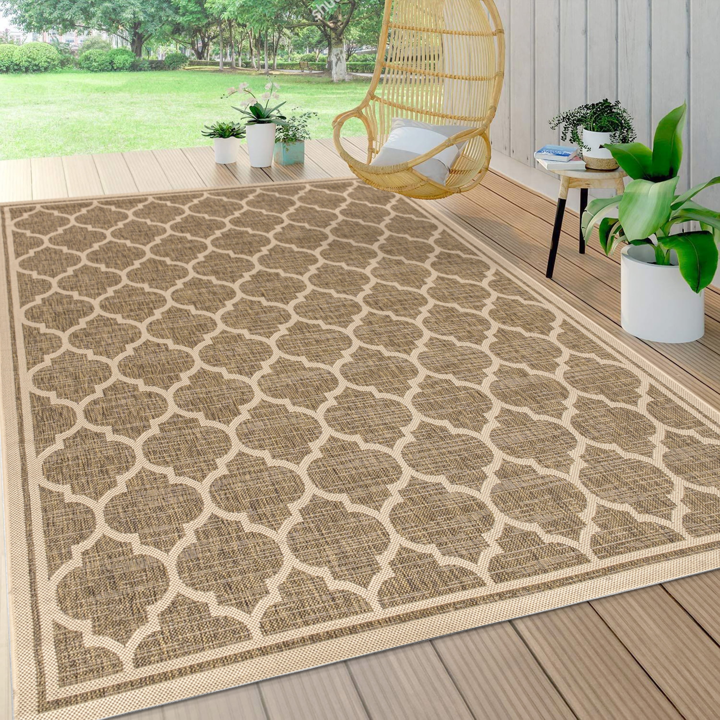Trebol Moroccan Trellis Brown Beige 9' x 12' Indoor Outdoor Area Rug