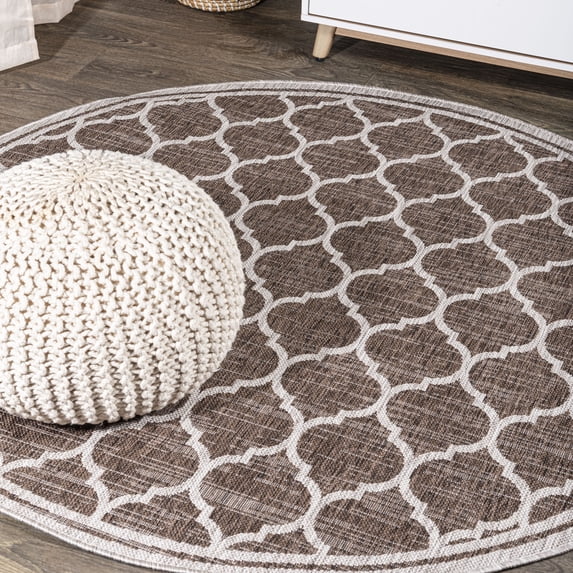 JONATHAN Y SANTA MONICA 3' Round Area Rug, Trebol Moroccan Trellis Textured Weave - Espresso/Taupe, SMB109B-3R