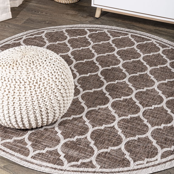 JONATHAN Y SANTA MONICA 3' Round Area Rug, Trebol Moroccan Trellis Textured Weave - Espresso/Taupe, SMB109B-3R