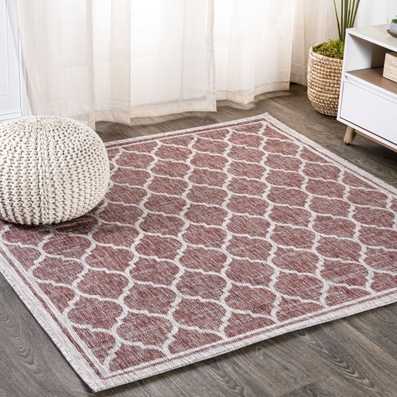 JONATHAN Y SANTA MONICA 3' Square Area Rug, Trebol Moroccan Trellis Textured Weave - Red/Beige, SMB109C-3SQ