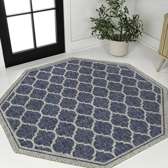JONATHAN Y SANTA MONICA 5' Octagon Area Rug, Trebol Moroccan Trellis Textured Weave - Navy/Gray, SMB109D-5TGN