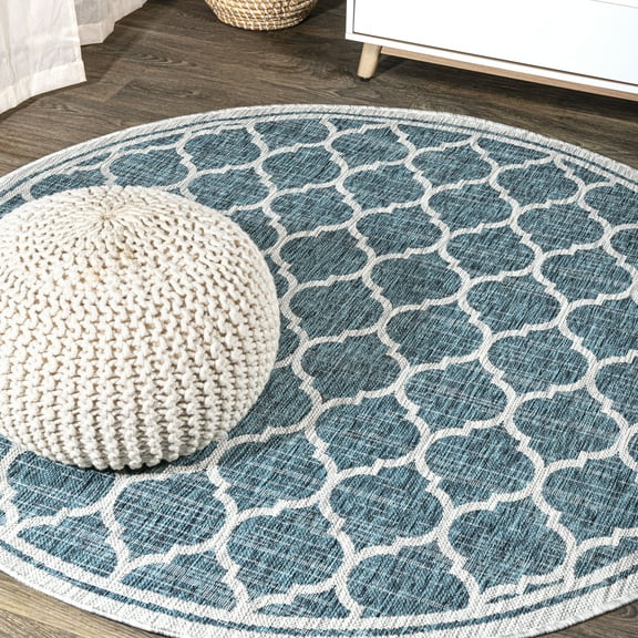 JONATHAN Y SANTA MONICA 4' Round Area Rug, Trebol Moroccan Trellis Textured Weave - Teal/Gray, SMB109E-4R