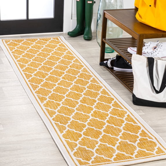JONATHAN Y SANTA MONICA 2 x 10 Runner Rug, Trebol Moroccan Trellis Textured Weave - Yellow/Cream, SMB109F-210