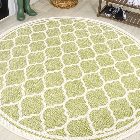 JONATHAN Y SANTA MONICA 5' Round Area Rug, Trebol Moroccan Trellis Textured Weave - Green/Cream, SMB109G-5R
